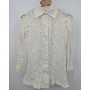 Vintage Parkshire White Lace Long Sleeve Button Down Blouse Size Small